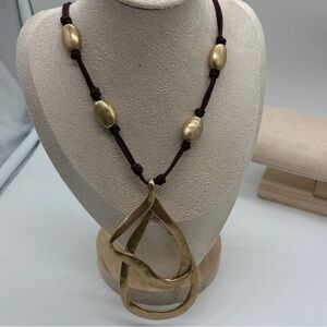 Gold Pendant Necklace with Brown Cord